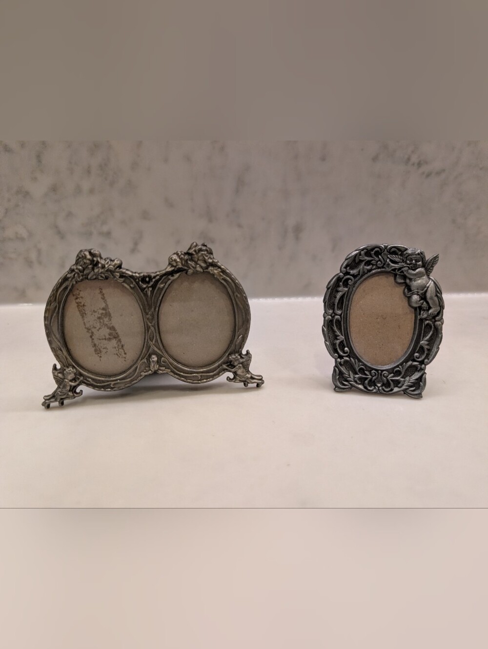 Vintage Pewter Cherub Oval Mini Photo Frames